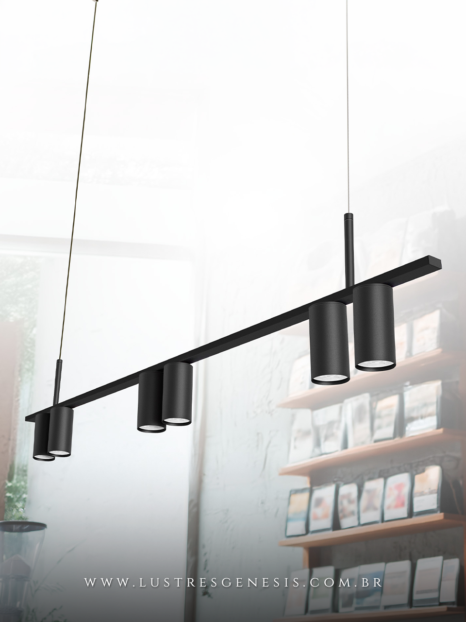 Lustre Pendente Retangular Tubus B7 Preto Minimalista para Balcão de Cozinha, Bancada Area Gourmet, Sala de Jantar e Suite Master
